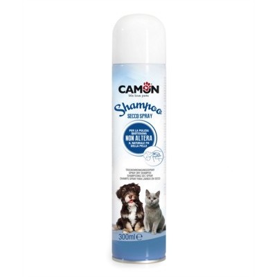 Frasco spray de shampoo seco para animais com imagens de cão e gato.