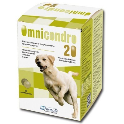 Embalagem Omnicondro 20 alimento complementar para cães e gatos com imagem de cão
