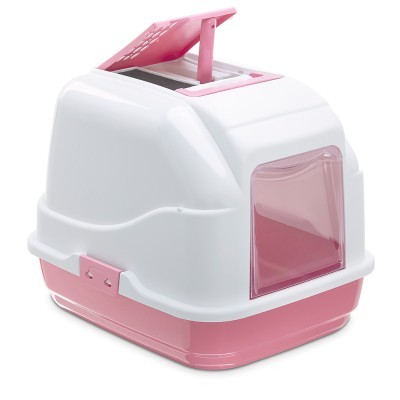 caixa de areia para gato rosa e branca com porta basculante e tampa superior aberta