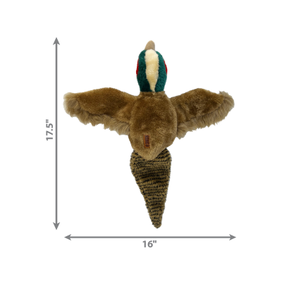 Pelúcia de pato com corpo castanho e cabeça verde com detalhes vermelhos e amarelos.