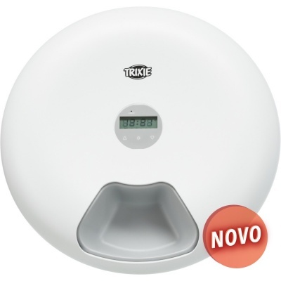 Balança digital branca redonda com visor LCD e recipiente cinzento, etiqueta NOVO