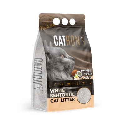 Saco de areia para gatos CATRON com imagem de gato e texto de fragrância e tipo de areia