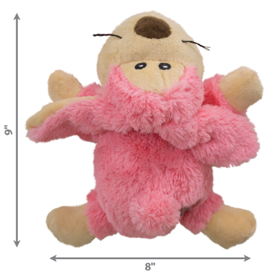 Pelúcia macia rosa com patas bege, olhos pequenos e nariz castanho