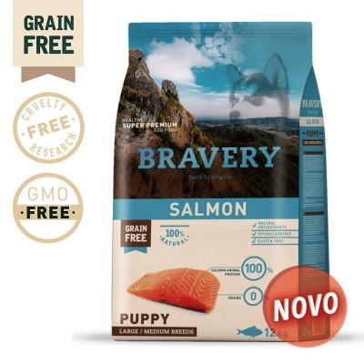 Saco de ração para cães Bravery sabor salmão para cachorros de raças grandes e médias