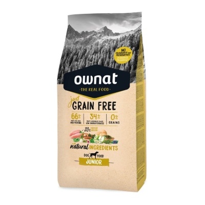 Pacote de ração Ownat Junior Grain Free para cães com ingredientes naturais