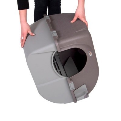 Casota para gatos cinzenta com entrada oval e alças de transporte