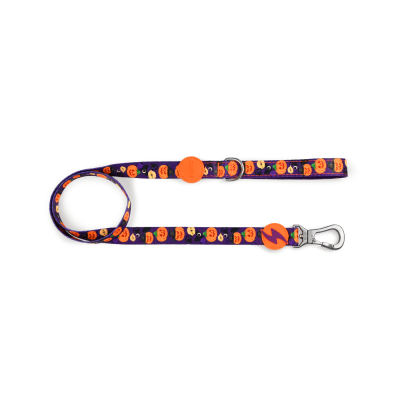 Trela para cão com padrão de abóboras laranja sobre fundo roxo