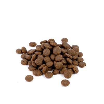 Ração seca castanha em pedaços redondos sobre fundo branco
