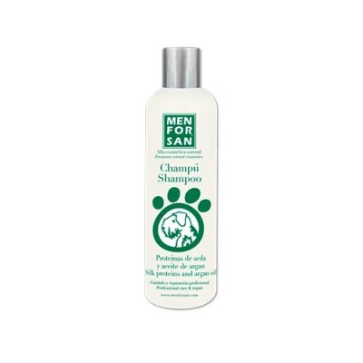 Frasco branco de champô Men For San com tampa prateada e rótulo verde e branco