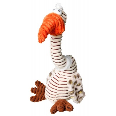 Pelúcia de ave com pescoço alto e riscas castanhas