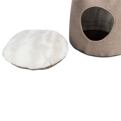 Casa para animais castanha com almofada branca peluda redonda