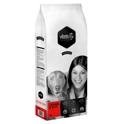 Embalagem branca de ração para cães Amity com imagem de mulher e cão, sabor Chicken & Rice