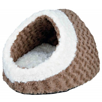 Cama tipo caverna para animais de estimação em tecido felpudo castanho e branco