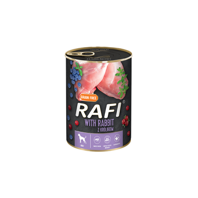 Lata preta de comida para cães RAFI sabor coelho com ilustração de carne e frutos vermelhos