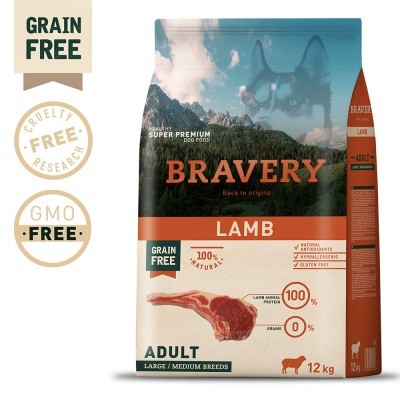 Embalagem de ração para cães Bravery sabor cordeiro 12 kg com design azul e castanho