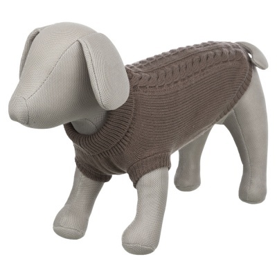 Figura de cão cinzento com suéter castanho de malha