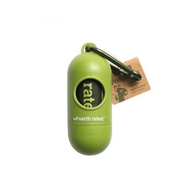 Recipiente portátil verde com mosquetão e etiqueta de papel