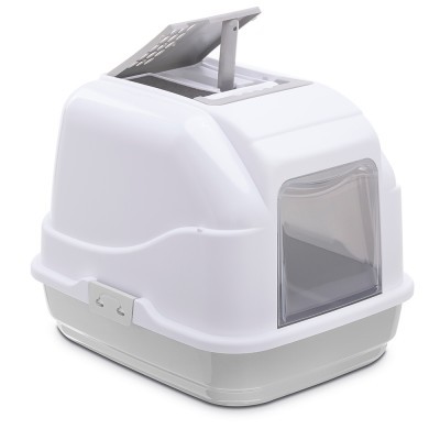 Casa de banho para gatos branca e cinzenta com entrada frontal transparente