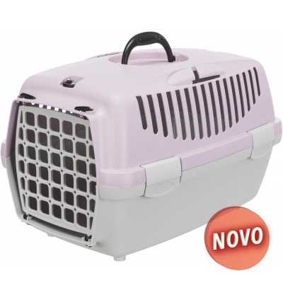 Transportadora para animais de estimação cinza e lilás com porta cinza e selo vermelho com texto NOVO.