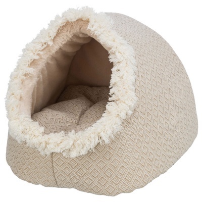 Cama iglu para animal de estimação bege com padrão e franjas brancas