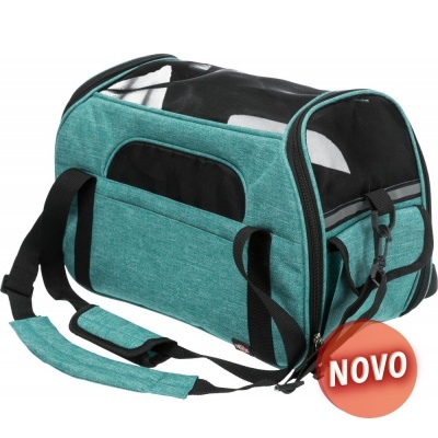 Bolsa de transporte para animais verde e preta com rede e alças pretas, etiqueta NOVO
