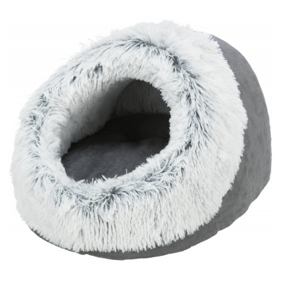 Cama para animais cinzenta com interior felpudo branco em forma de ninho