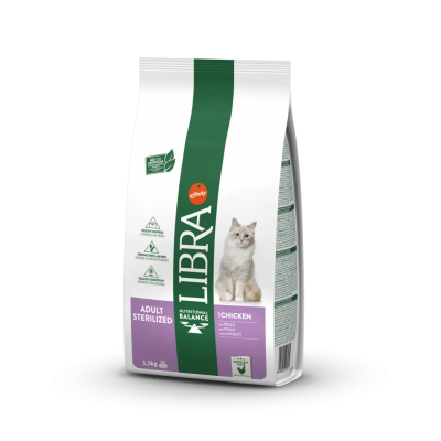 Saco de comida para gatos LIBRA com faixa verde e imagem de gato cinzento