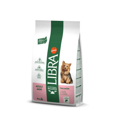 Saco de ração para cães Libra Adult Mini com salmão e imagem de cão Yorkshire