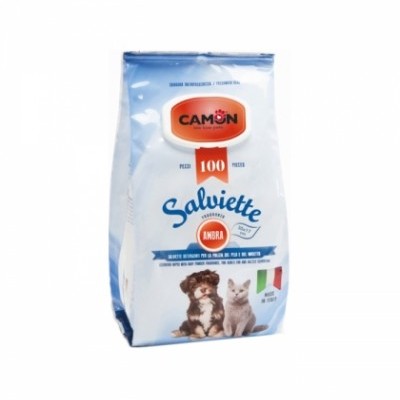Pacote azul e branco de lenços humedecidos CAMON com cão e gato