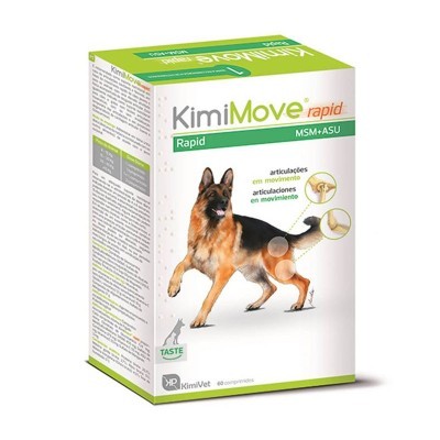 Caixa do suplemento KimiMove rapid para cães com imagem de cachorro pastor alemão