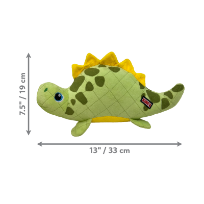 Pelúcia de dinossauro verde com detalhes amarelos e etiqueta KONG