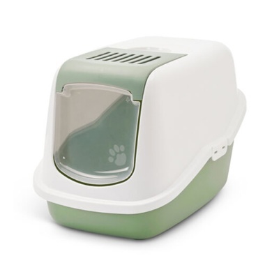 Casa de banho para gato branca e verde com porta translúcida e pata de gato.