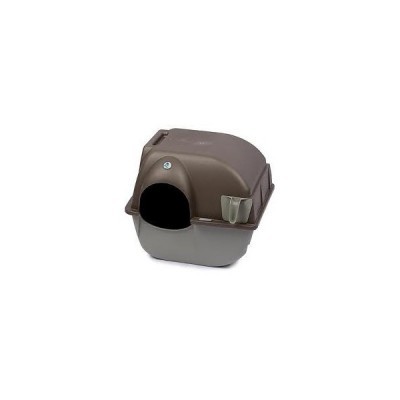 Casa de gato plástica castanha e cinza com comedouro transparente