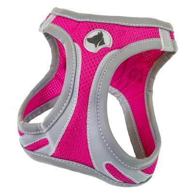 Peitoral para cão rosa com detalhes cinza e símbolo de cão.