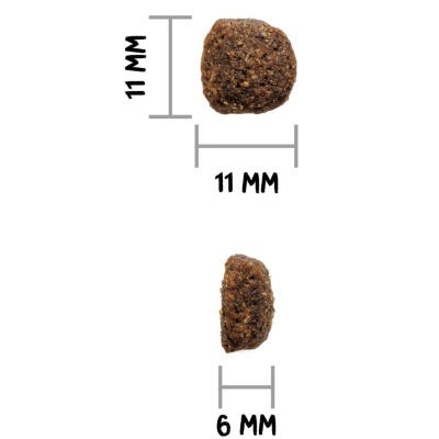 Pedaço de ração castanho com medidas 11x11x6 mm