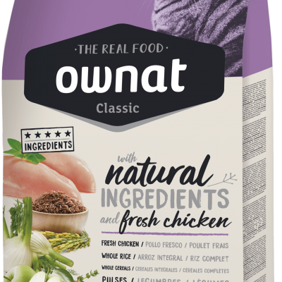 Saco de ração Ownat Classic para gatos com ingredientes naturais e frango fresco