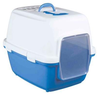 Caixa transporte animal plástico branca e azul com porta transparente