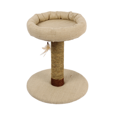 Arranhador para gatos bege com poste em corda e cama almofadada