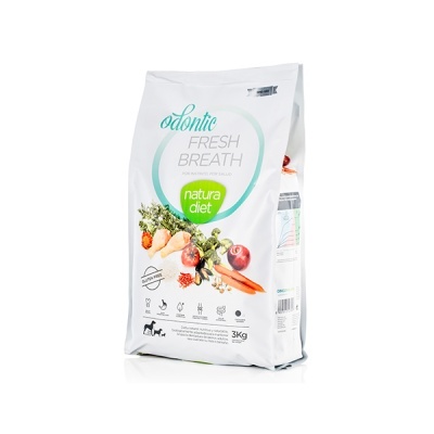 Saco branco de ração Natura Diet Odontic Fresh Breath para cães com legumes ilustrados