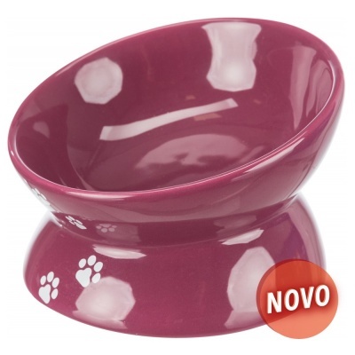 Tigela cerâmica bordô para animais com patinhas brancas e etiqueta NOVO
