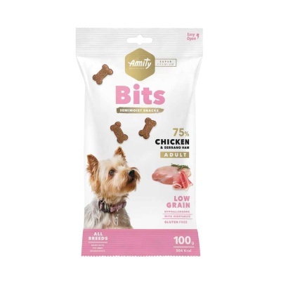 Pacote de snacks para cães Amity Bits com frango e presunto serrano