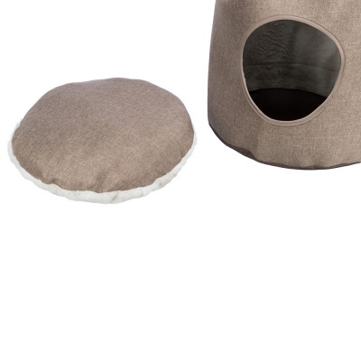 Cama para animais em tecido castanho claro com almofada redonda branca