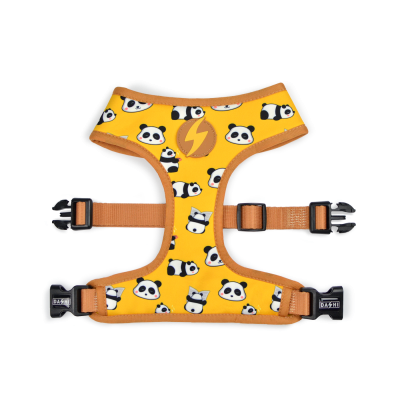 Peitoral amarelo para cão com padrões de panda e fechos pretos