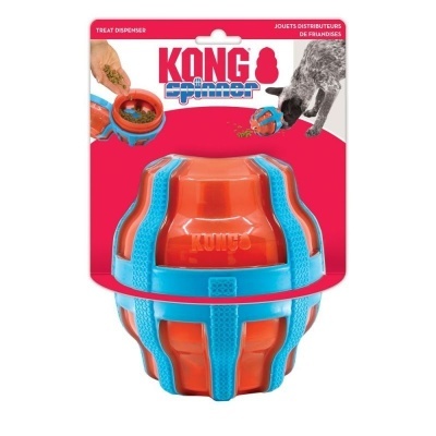 Brinquedo dispensador para gatos KONG Spinner laranja e azul na embalagem vermelha