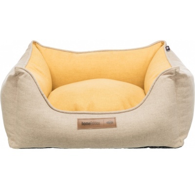 Cama para animal bege com almofada amarela e etiqueta de couro