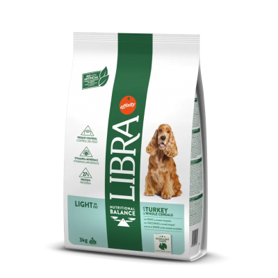 Embalagem branca e verde de ração para cães Libra Nutritional Balance com imagem de cachorro marrom
