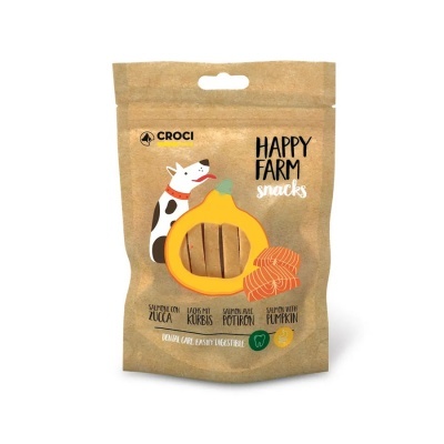Embalagem castanha de snacks Happy Farm da Croci com ilustrações de cão, abóbora e cenoura
