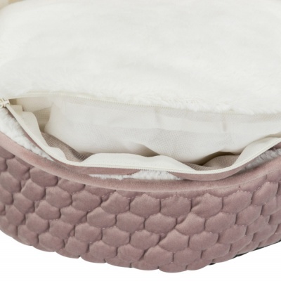 Cama para animal de estimação rosa texturizada com interior branco macio