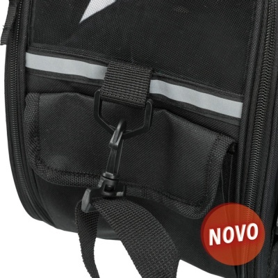 Bolsa preta com fecho mosquetão e etiqueta 'NOVO'