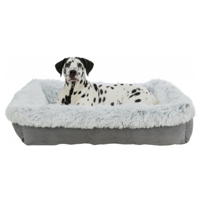 Cão dálmata deitado numa cama para cão cinzenta com bordas peludas cinzentas claras